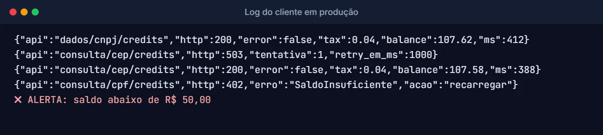 Log estruturado das chamadas à APIBrasil com custo, saldo e tentativas de retry