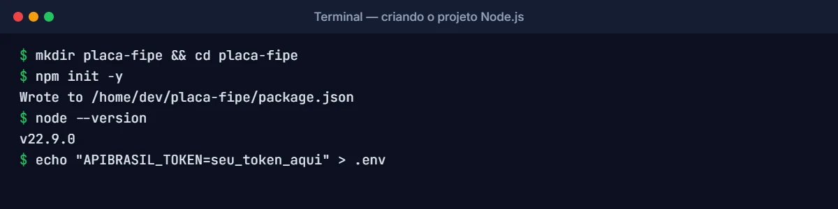Terminal criando projeto Node.js para consulta de placa com valor FIPE