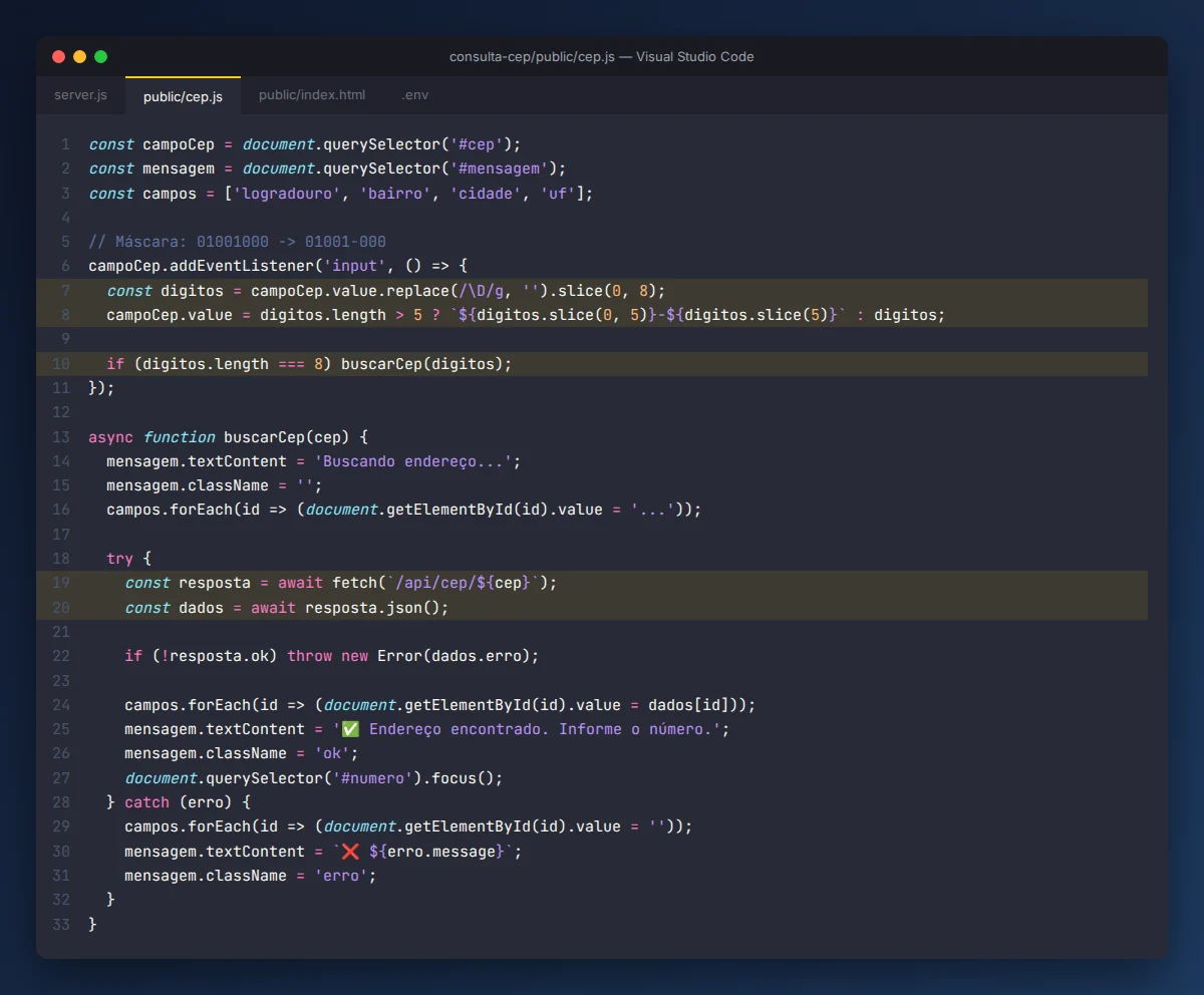 Código JavaScript com máscara de CEP e fetch para consultar o endereço