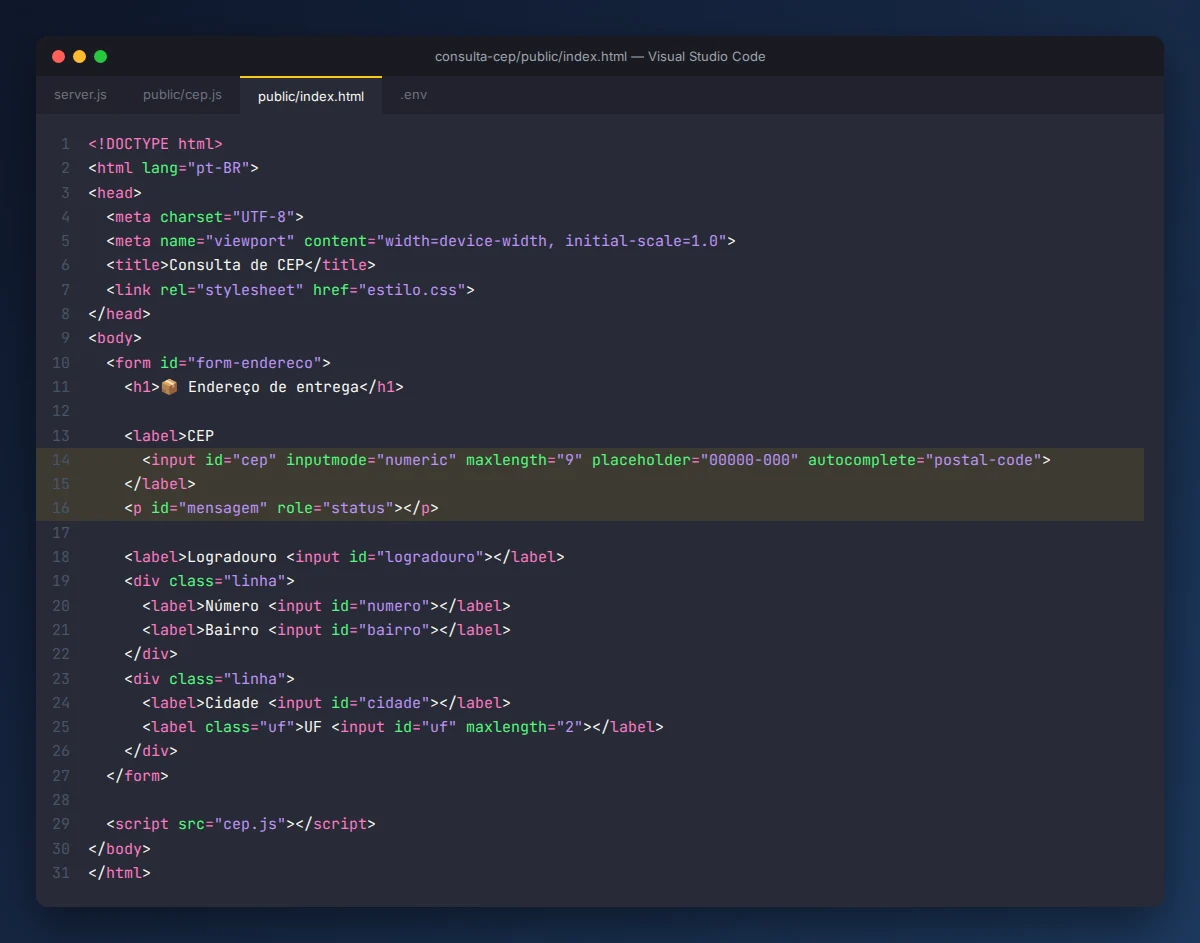 HTML do formulário de endereço com campos de CEP, logradouro, bairro, cidade e UF