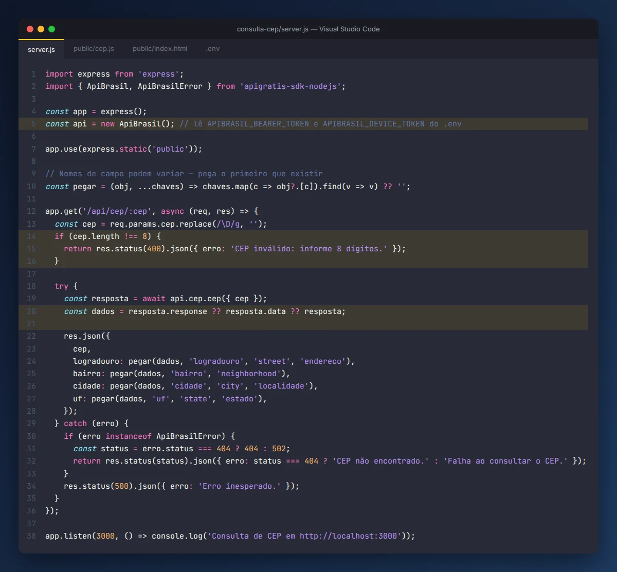 Código server.js com Express e a SDK da APIBrasil consultando CEP