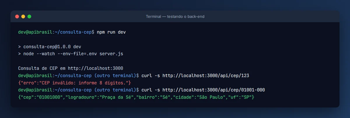 Terminal com o servidor rodando e testes da rota de CEP com cURL
