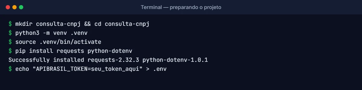Terminal criando ambiente virtual Python e instalando requests para consultar CNPJ