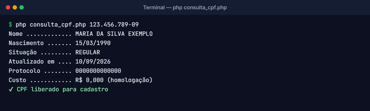 Terminal executando script PHP que consulta a situação do CPF na Receita Federal