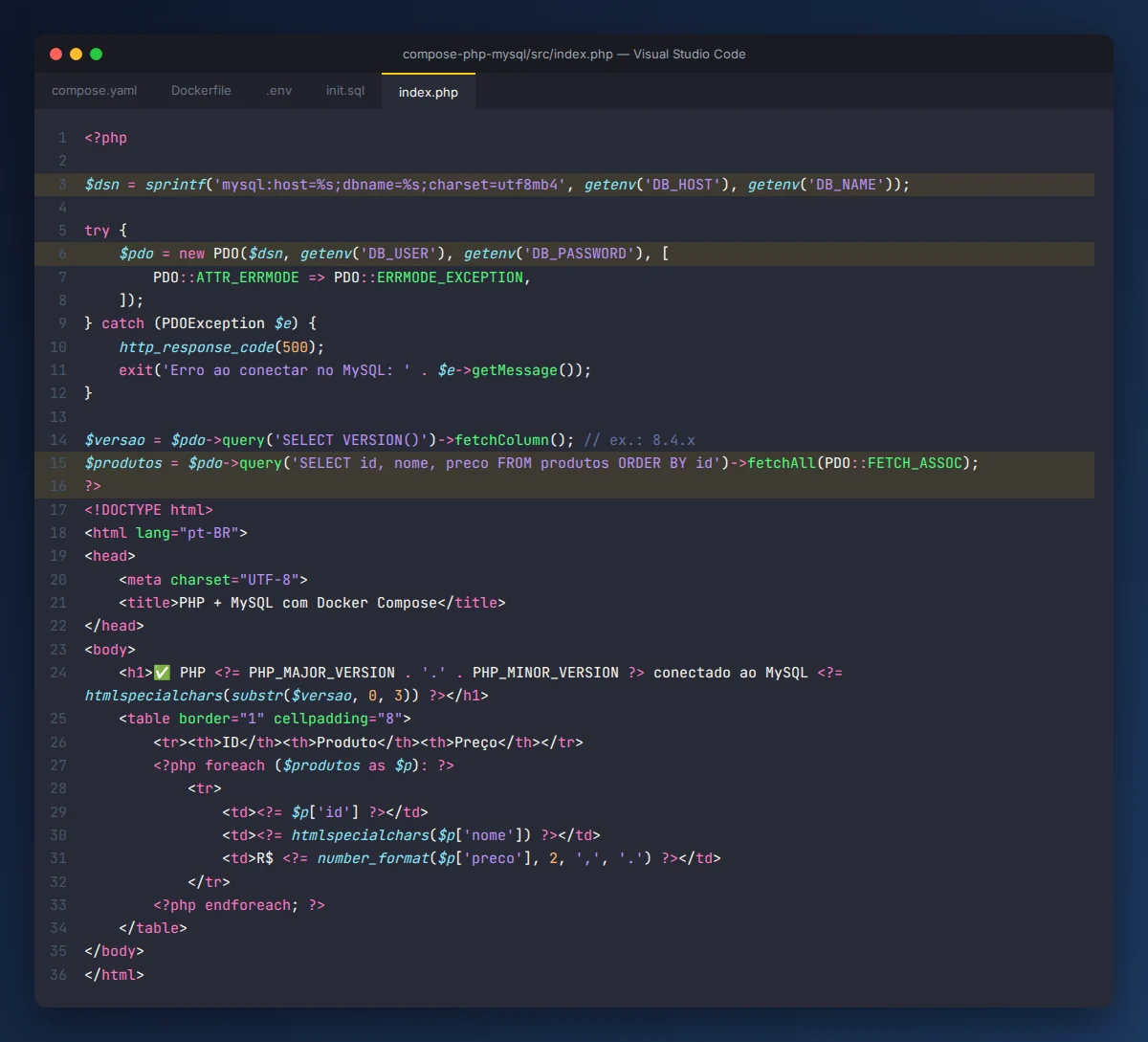 Código index.php conectando ao MySQL com PDO usando variáveis de ambiente