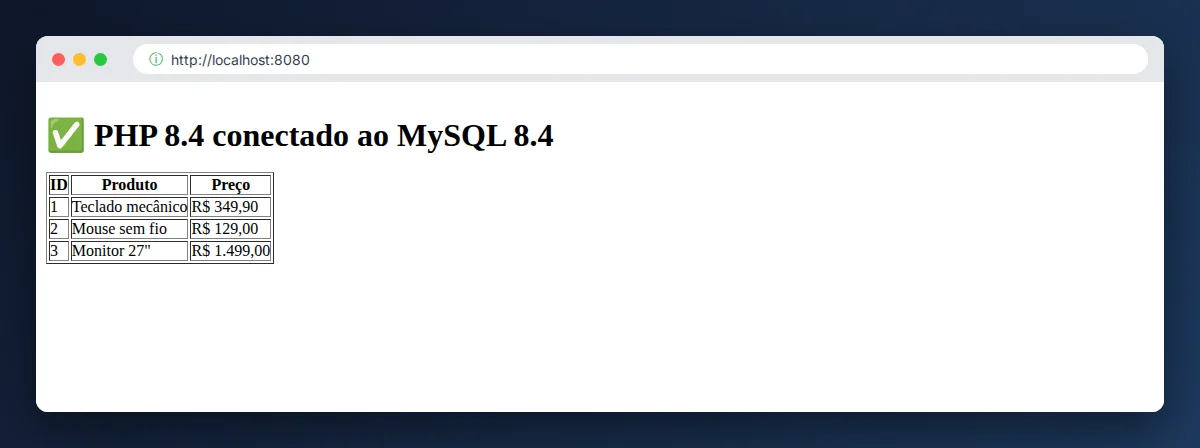 Página PHP no navegador listando produtos do MySQL via Docker Compose