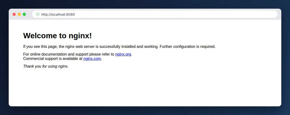 Página Welcome to nginx aberta no navegador em localhost:8080