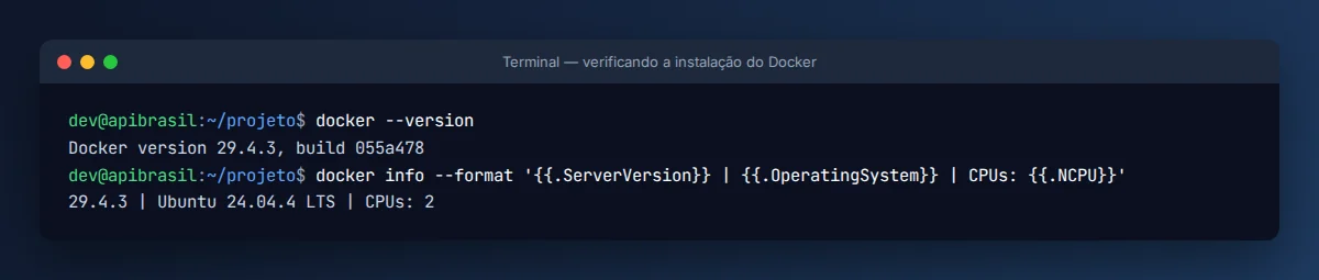 Terminal mostrando docker --version e docker info no Docker para iniciantes