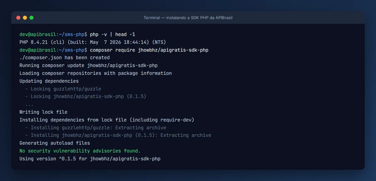 Terminal com composer require instalando a SDK para enviar SMS com PHP