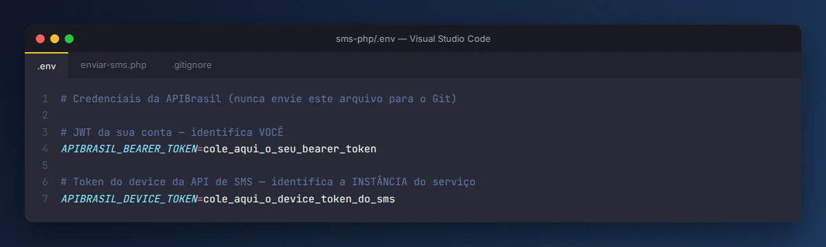 Arquivo .env com as variáveis APIBRASIL_BEARER_TOKEN e APIBRASIL_DEVICE_TOKEN