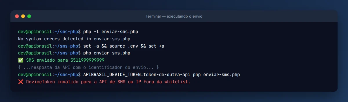 Terminal executando o script PHP e exibindo SMS enviado e um erro de DeviceToken