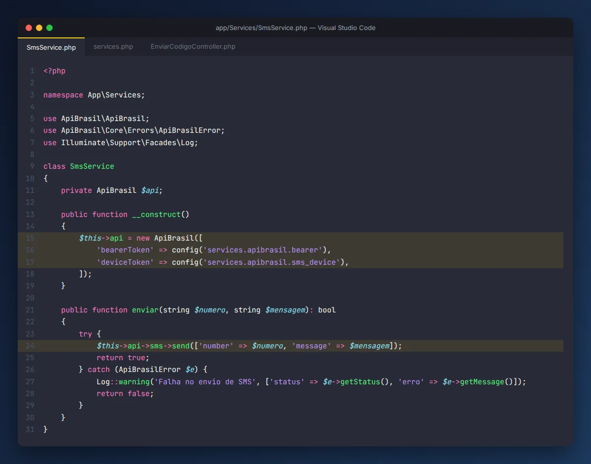 Classe SmsService no Laravel usando a SDK da APIBrasil
