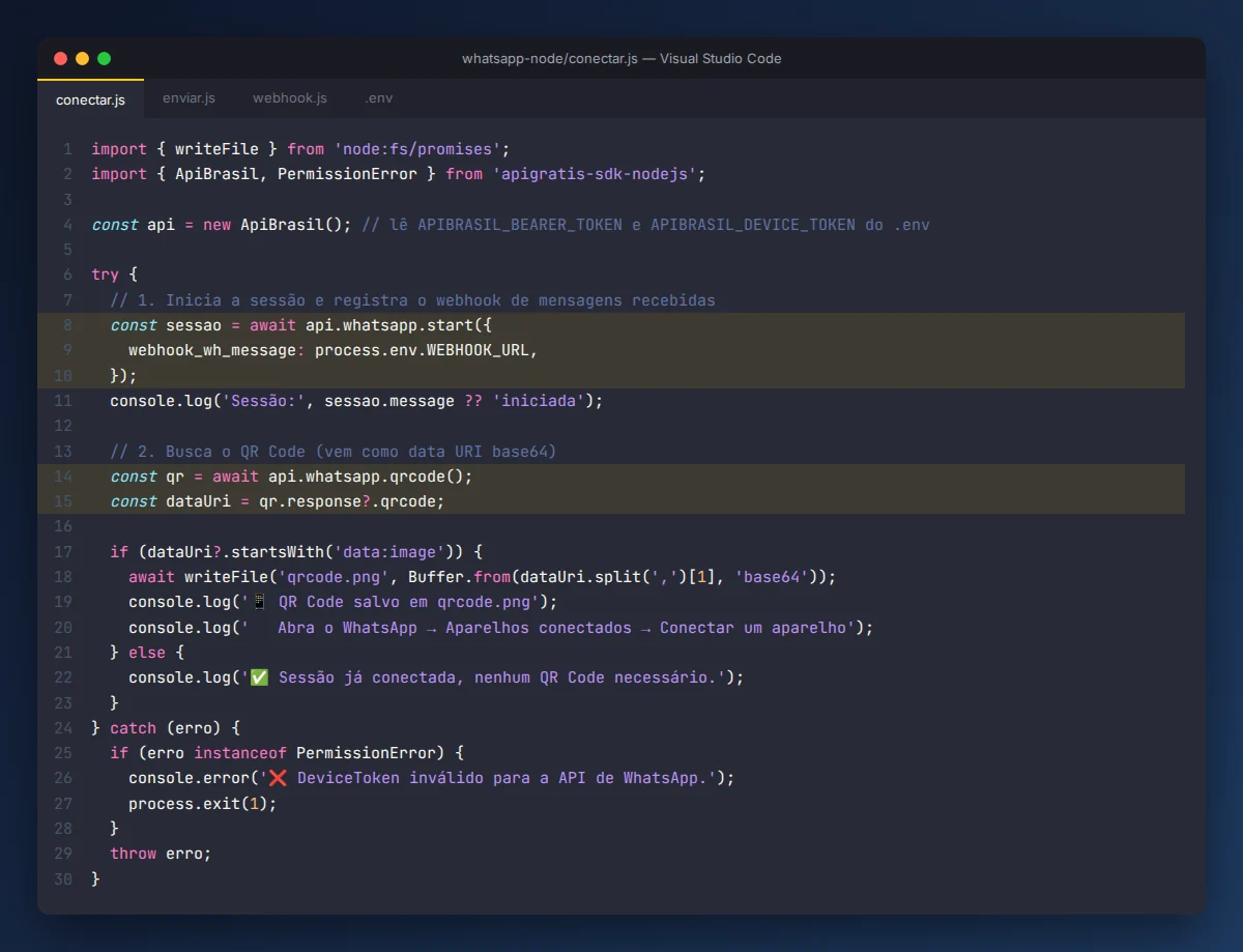 Código conectar.js iniciando a sessão do WhatsApp e salvando o QR Code