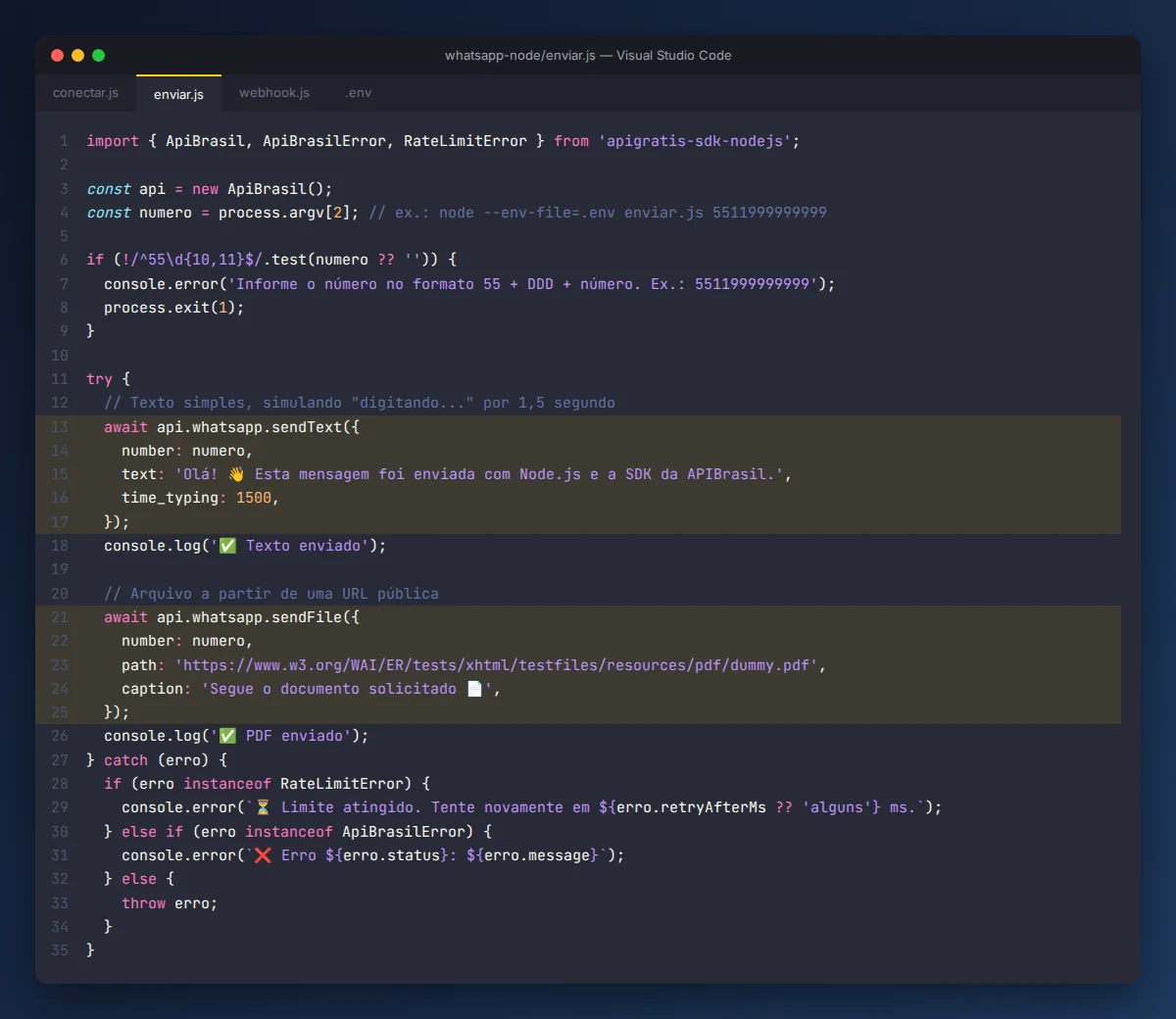 Código enviar.js com sendText e sendFile para enviar mensagens de WhatsApp com Node.js