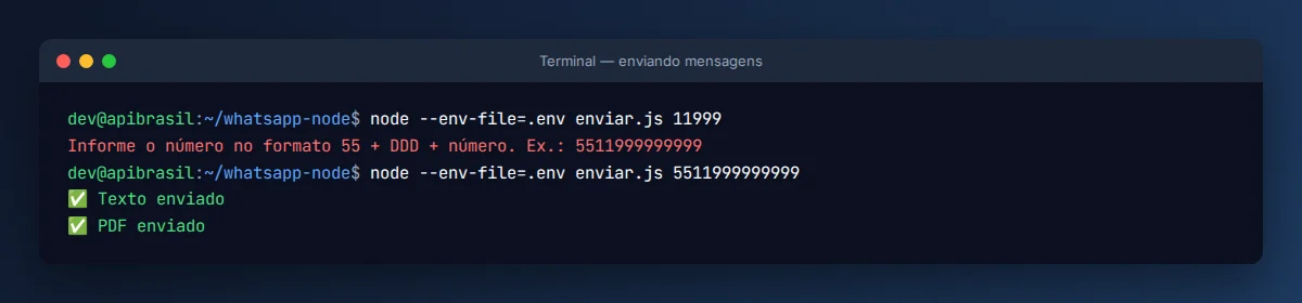 Terminal com validação de número inválido e envio de texto e PDF pelo WhatsApp