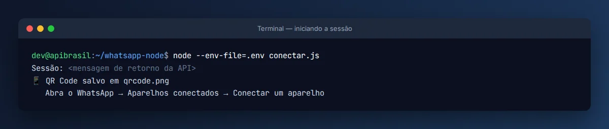 Terminal executando conectar.js e informando que o QR Code foi salvo