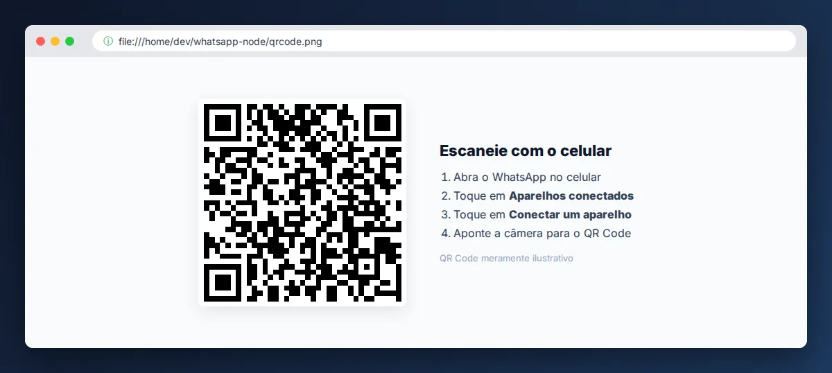Exemplo de QR Code para conectar o WhatsApp com instruções de pareamento