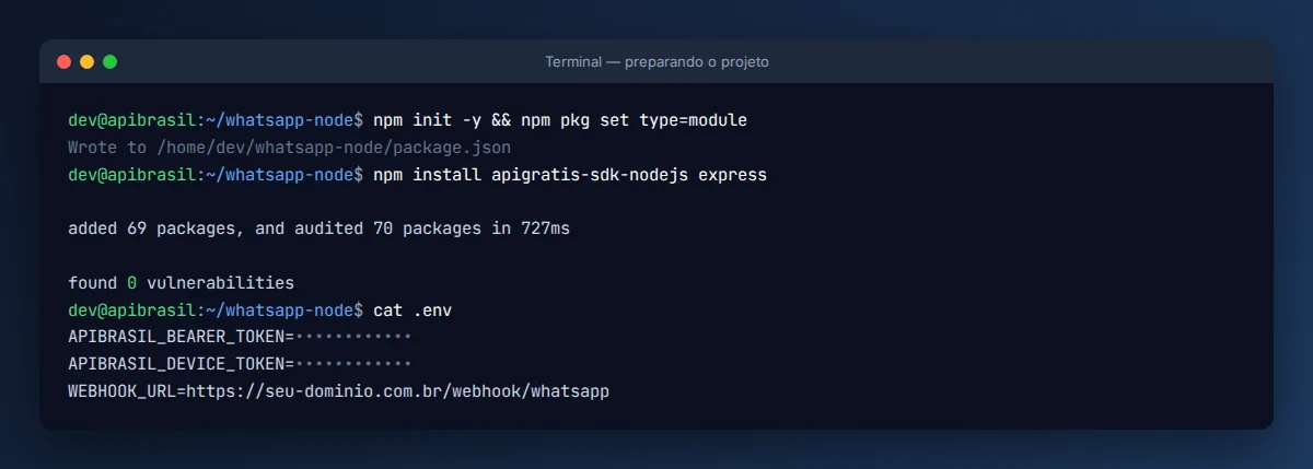 Terminal preparando o projeto para enviar mensagens de WhatsApp com Node.js