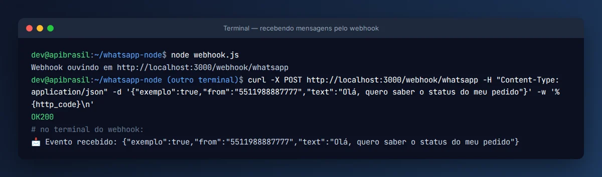 Terminal com o servidor de webhook recebendo um evento de teste via cURL