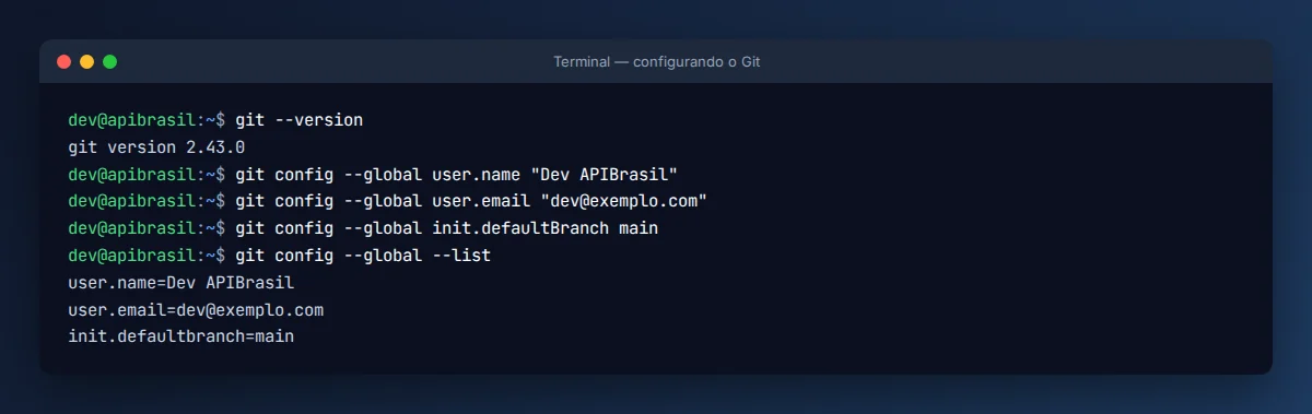 Terminal com git --version e git config para Git e GitHub para iniciantes