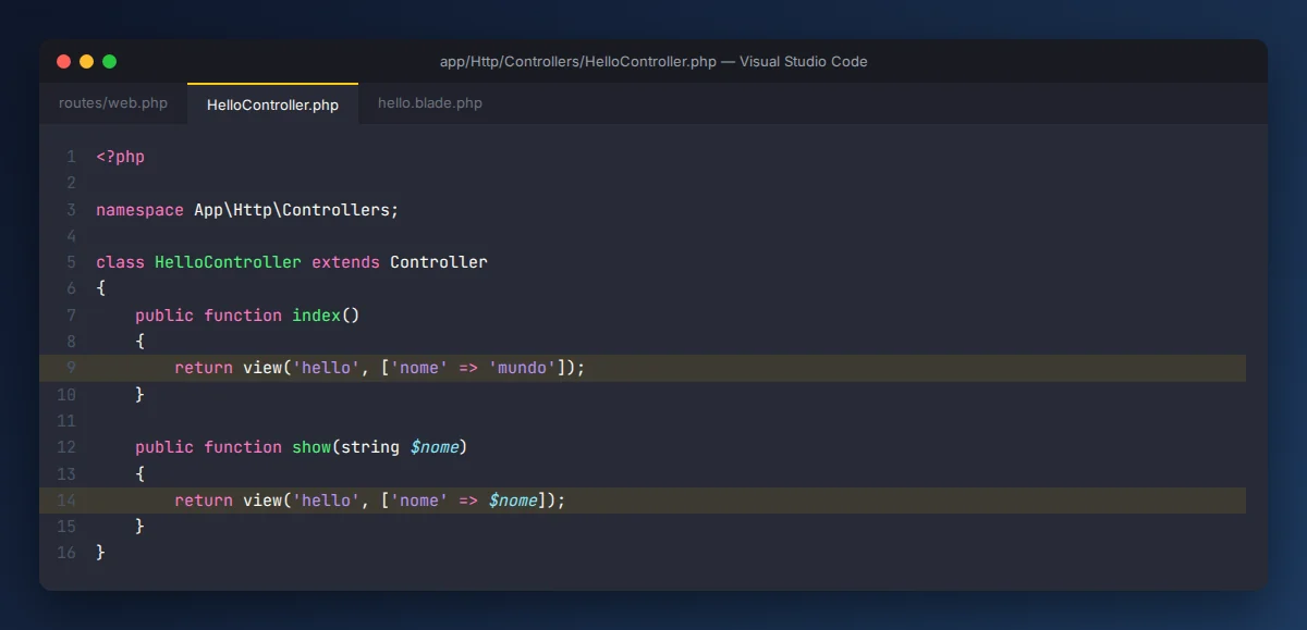 Código do HelloController com os métodos index e show