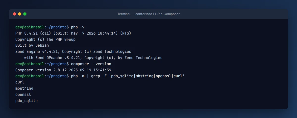 Terminal mostrando php -v, composer --version e extensões do PHP para o Laravel hello world