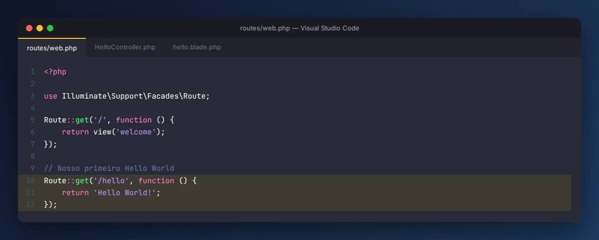 Arquivo routes/web.php com a rota /hello do Laravel hello world