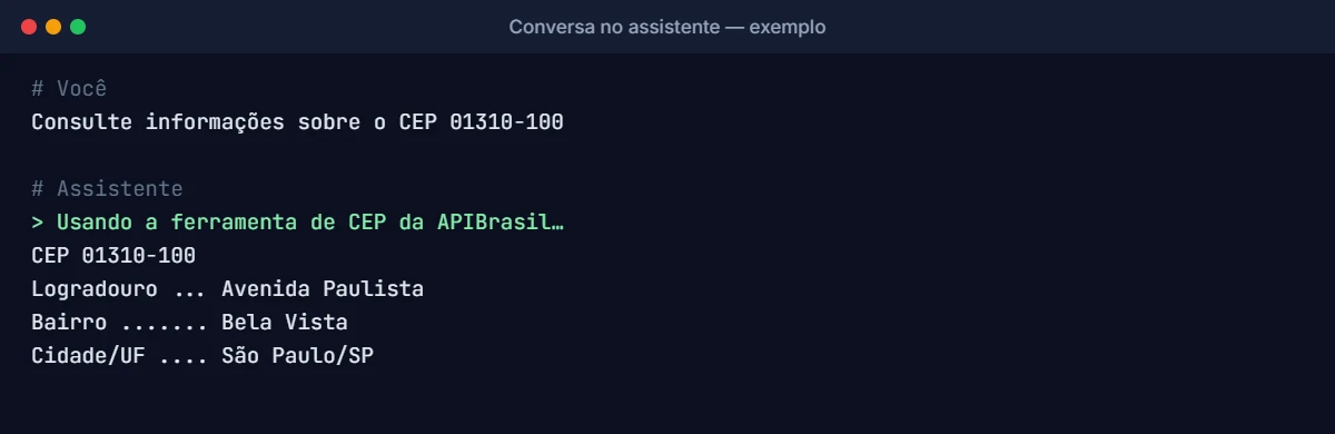 Exemplo de conversa em que o assistente de IA usa o MCP da APIBrasil para consultar um CEP