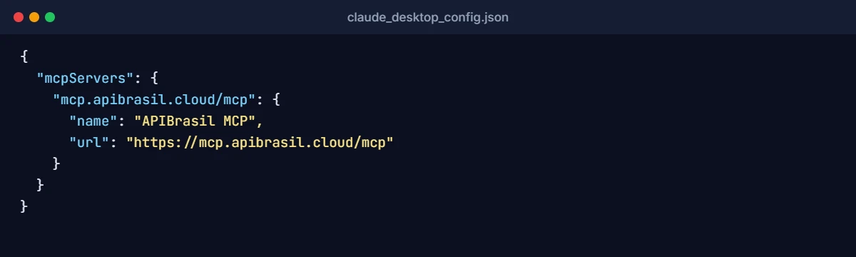 Arquivo claude_desktop_config.json com o servidor MCP da APIBrasil configurado