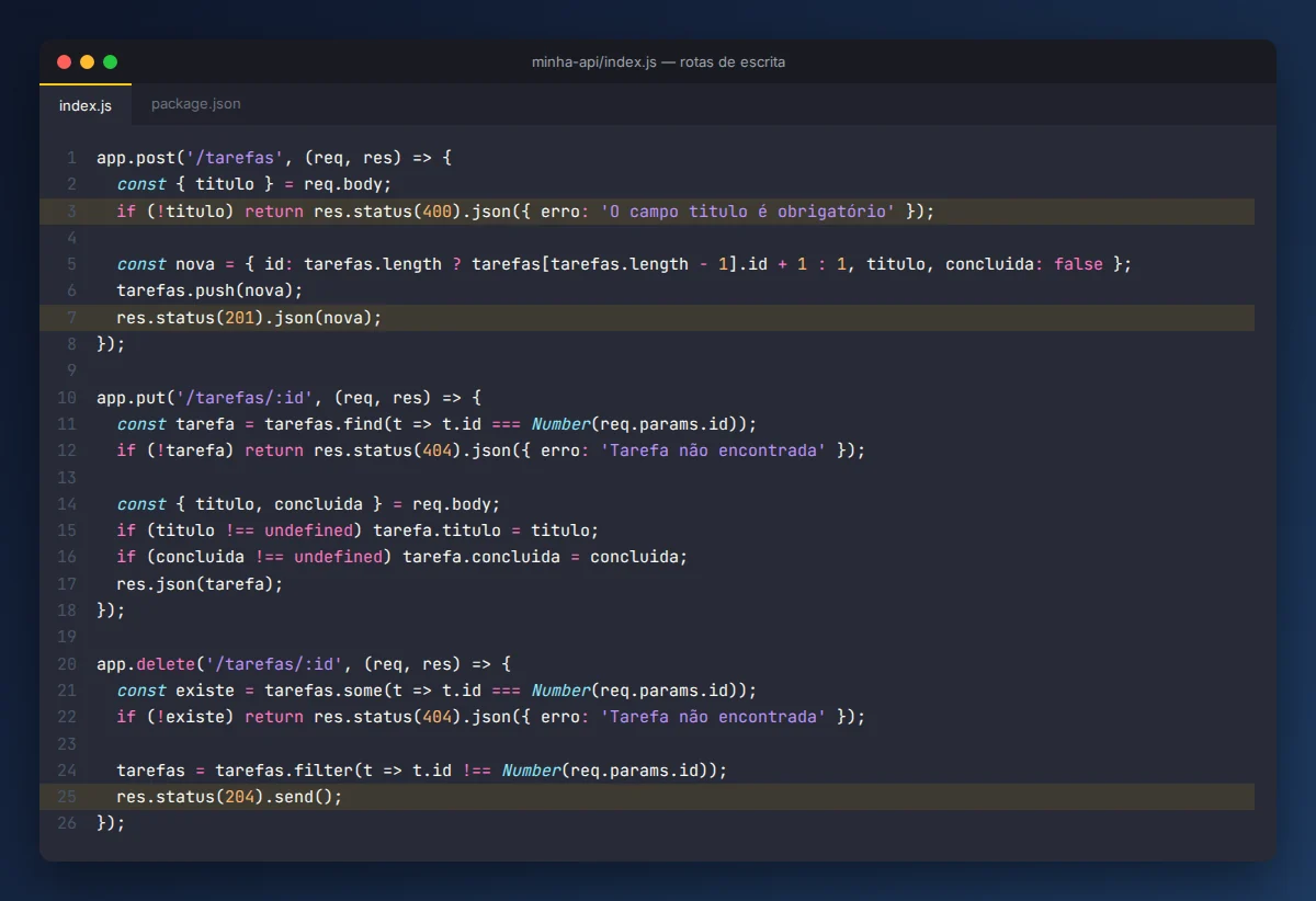 Rotas POST, PUT e DELETE da API de tarefas em Express