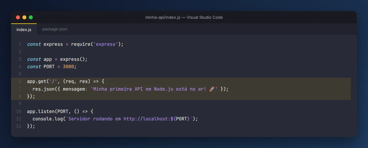 Código do index.js com a rota GET da primeira API em Node.js