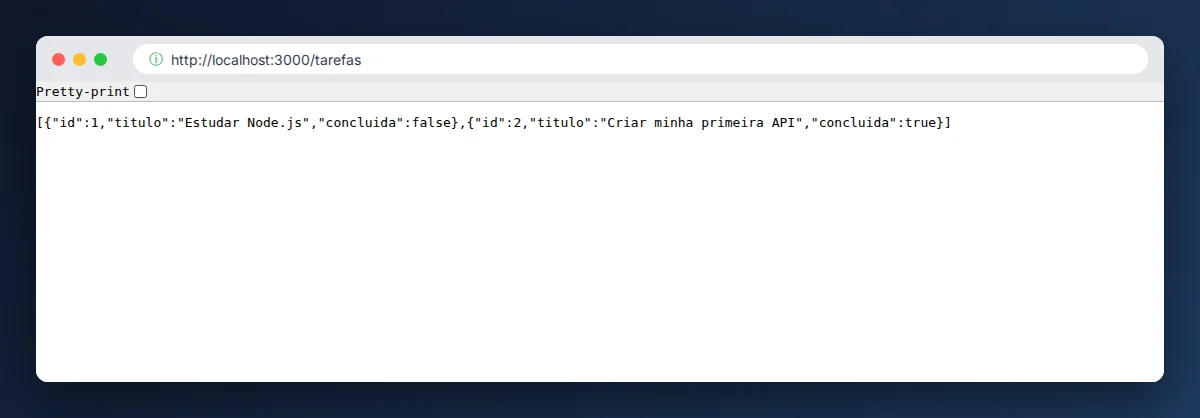 Navegador exibindo a lista de tarefas em JSON retornada pela API Node.js