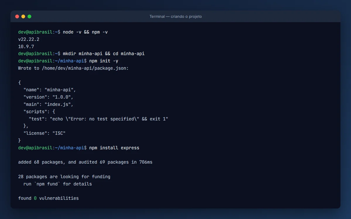 Terminal com npm init e npm install express para a primeira API em Node.js