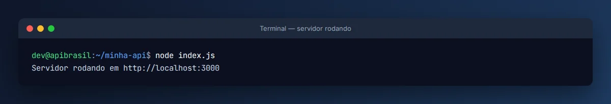 Terminal com o servidor Node.js rodando na porta 3000