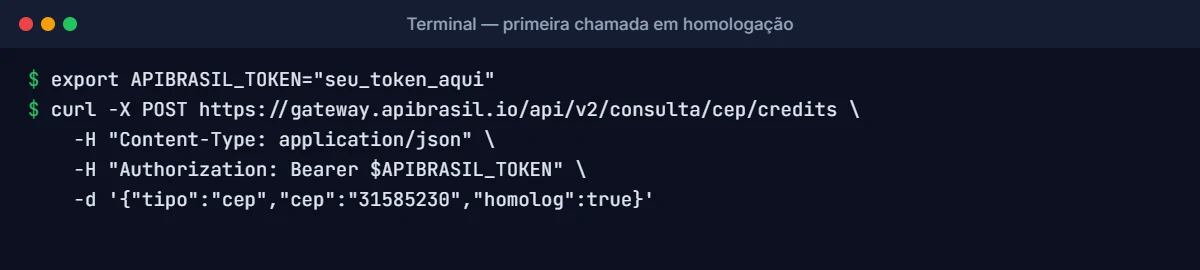 Terminal com cURL fazendo a primeira chamada na APIBrasil em homologação