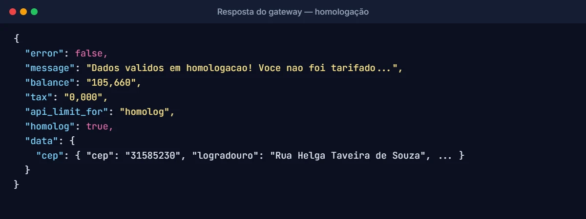 Resposta JSON da APIBrasil em homologação com error false e api_limit_for homolog