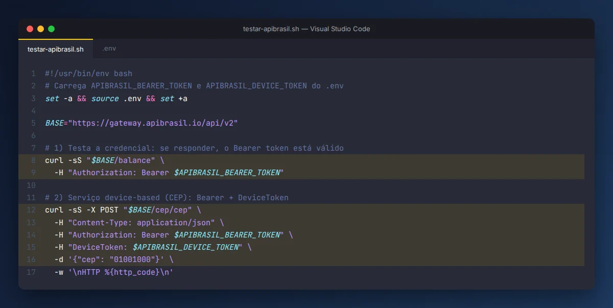 Script bash com cURL testando credencial e consulta de CEP na APIBrasil