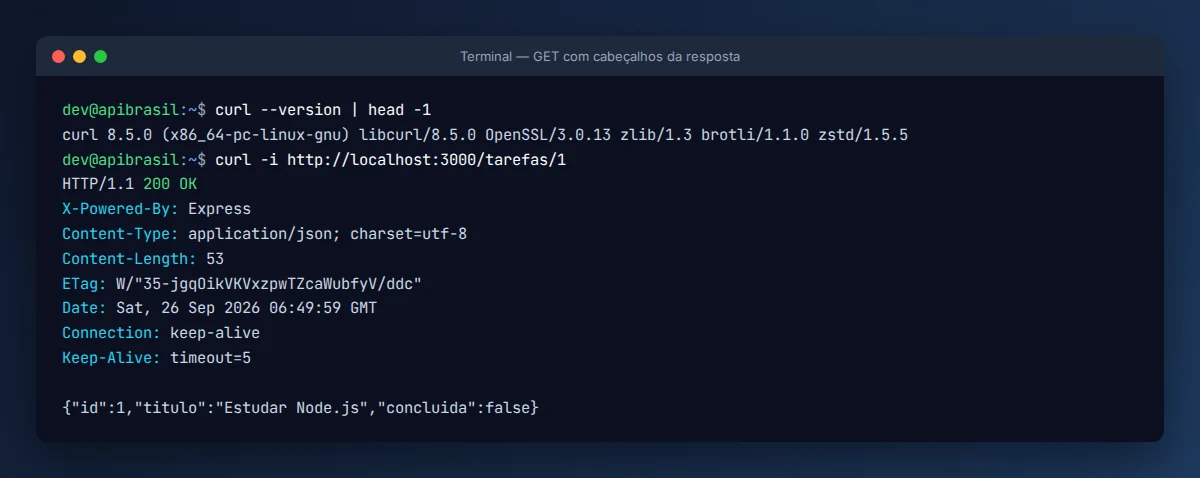 Terminal mostrando como testar API com cURL usando GET e a opção -i
