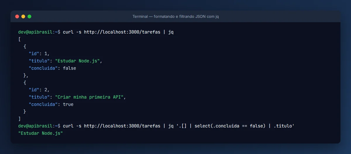 Saída do jq formatando JSON e filtrando tarefas pendentes