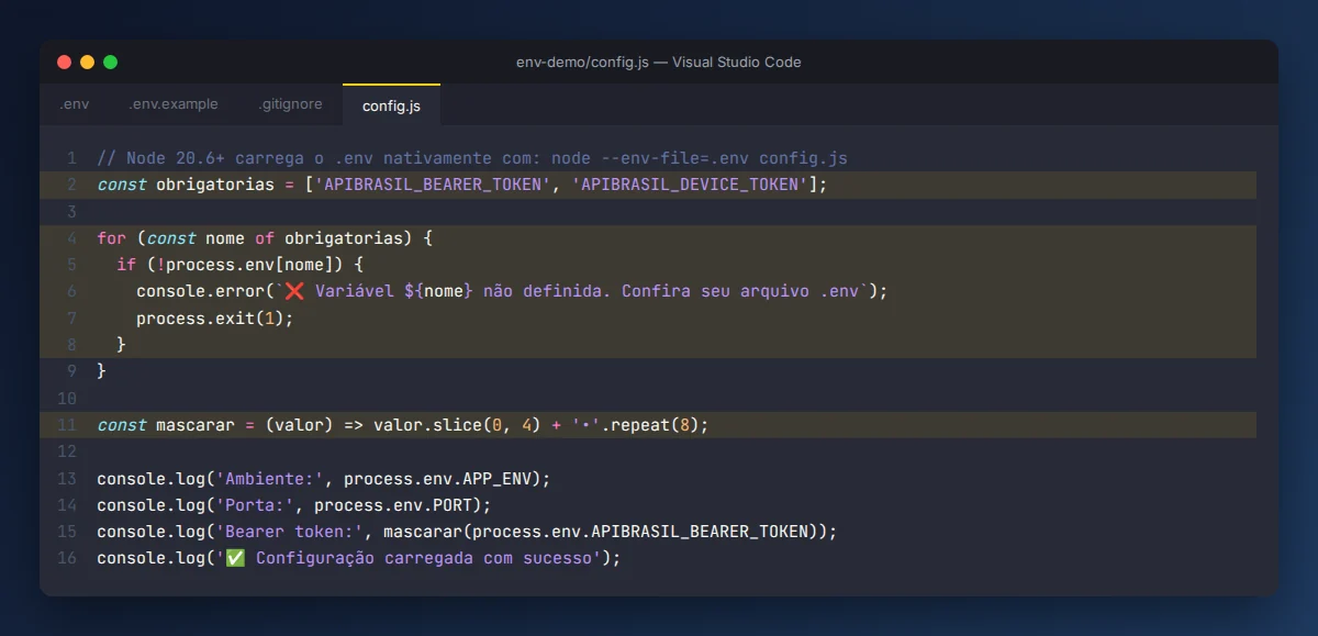 Código config.js validando variáveis de ambiente obrigatórias e mascarando o token