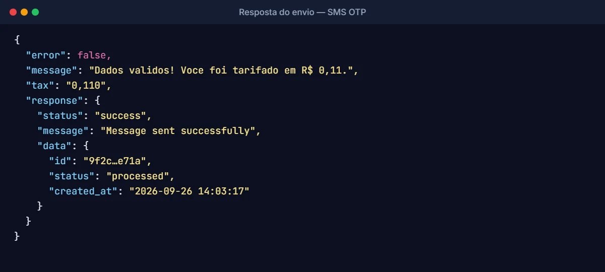 Resposta JSON da API SMS OTP da APIBrasil com status processed e id da mensagem