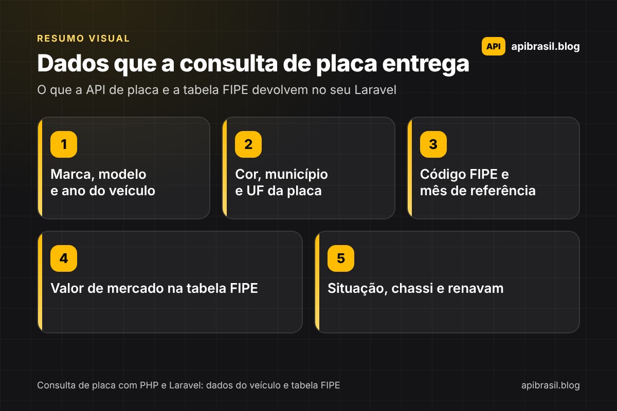 Infográfico com os dados que a consulta de placa com PHP entrega via APIBrasil: marca, modelo e ano, cor e município, código FIPE, valor de mercado e situação do veículo